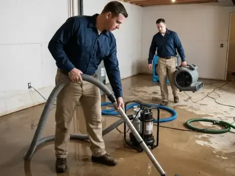 Two technicians extracting standing water from a finished lower room